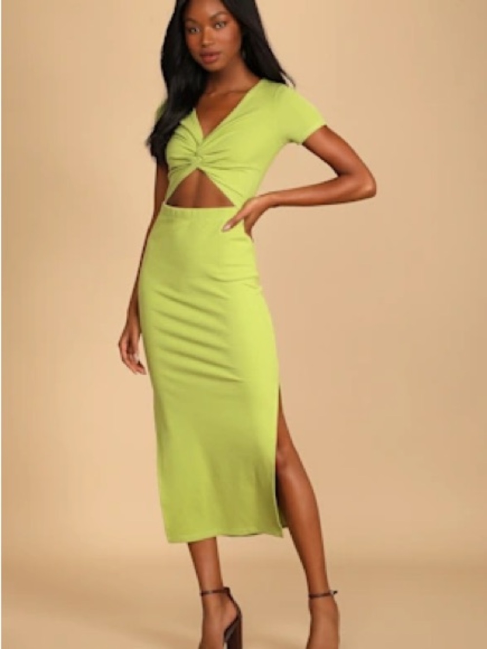 Lime Green Twist Front Cutout Midi Dress
